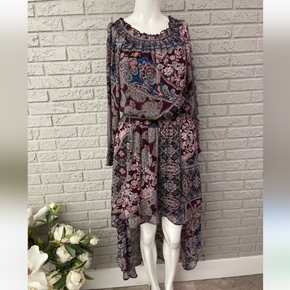 Fire Los Angeles Burgundy Paisley High-Low Boho Dress